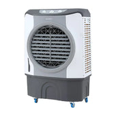 “Evaporative cooler blowing moist, cool air into a dry, sunlit room—ideal for lowering temperature and adding humidity in arid climates.”