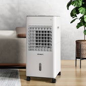 “Evaporative cooler releasing cool air into a room by using a fan to blow air through water-saturated cooling pads.”
