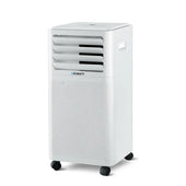 “Portable air conditioner with exhaust hose vented through a window using a removable kit, providing temporary cooling without permanent installation.”
