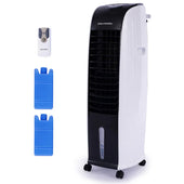 “Portable evaporative cooler in use, blowing cool air while drawing warm air through water-saturated pads—effective in dry, well-ventilated rooms.”