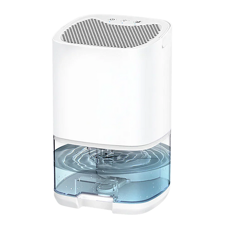 "Illustration showing a dehumidifier in use with controls and water collection tank visible."
