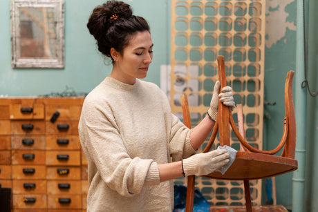 "Person sanding and refinishing an antique wooden sideboard, showing key steps in furniture restoration."
