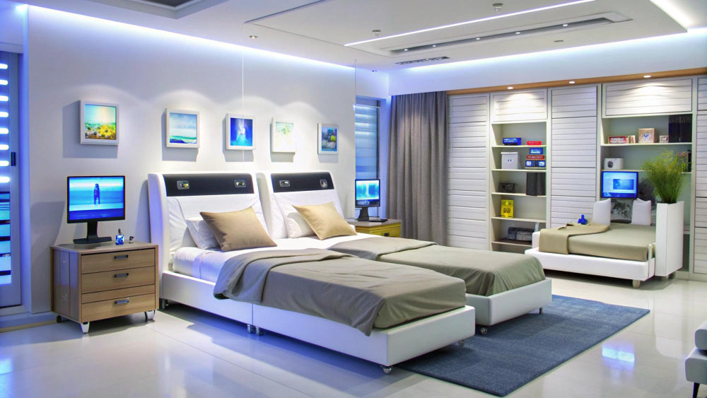 "Modern king size mattress featuring advanced comfort technologies like zoned support, cooling layers, and smart sleep tracking, set in a contemporary bedroom."