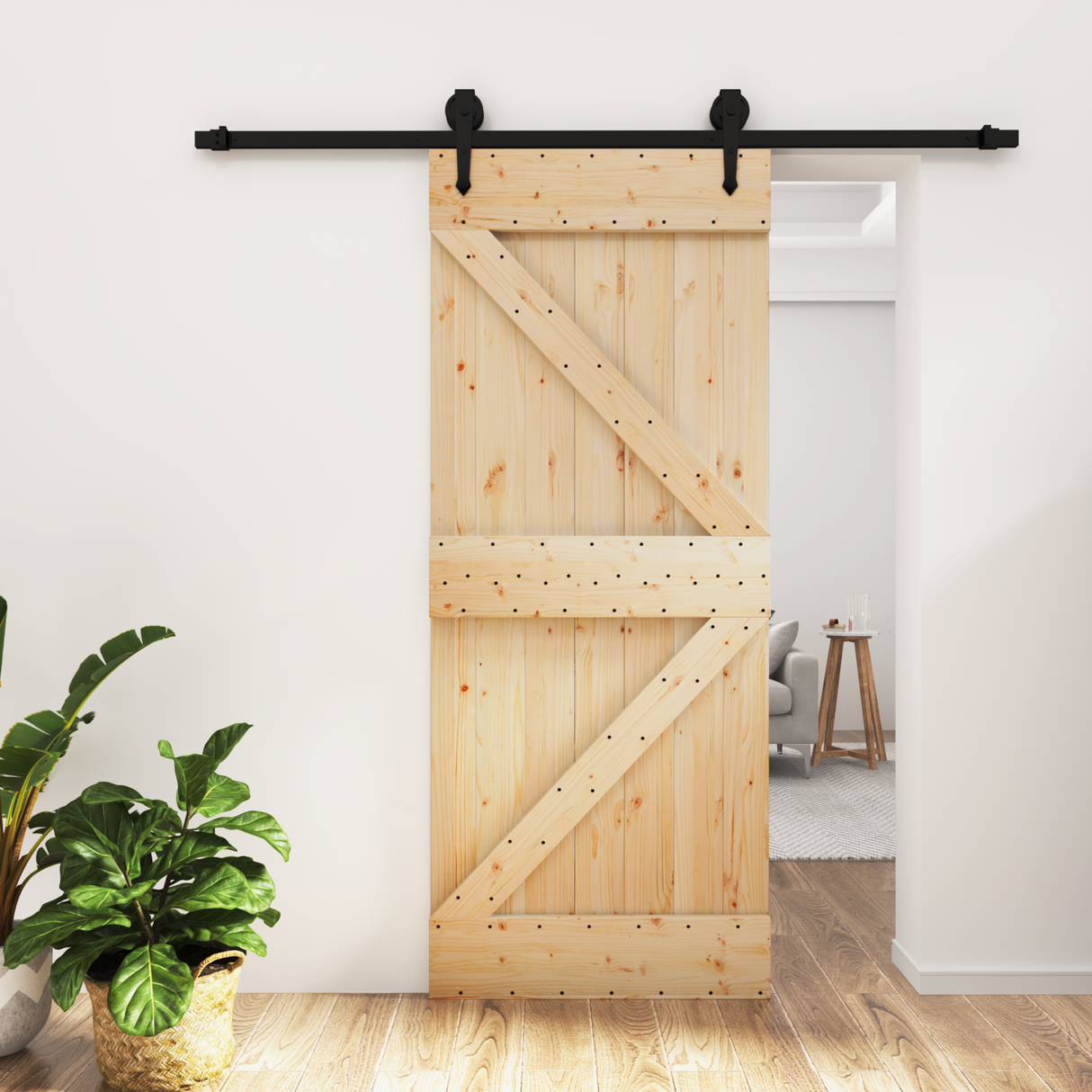 Sliding Door Natural and Black 85 x 210 cm Solid Pine Wood
