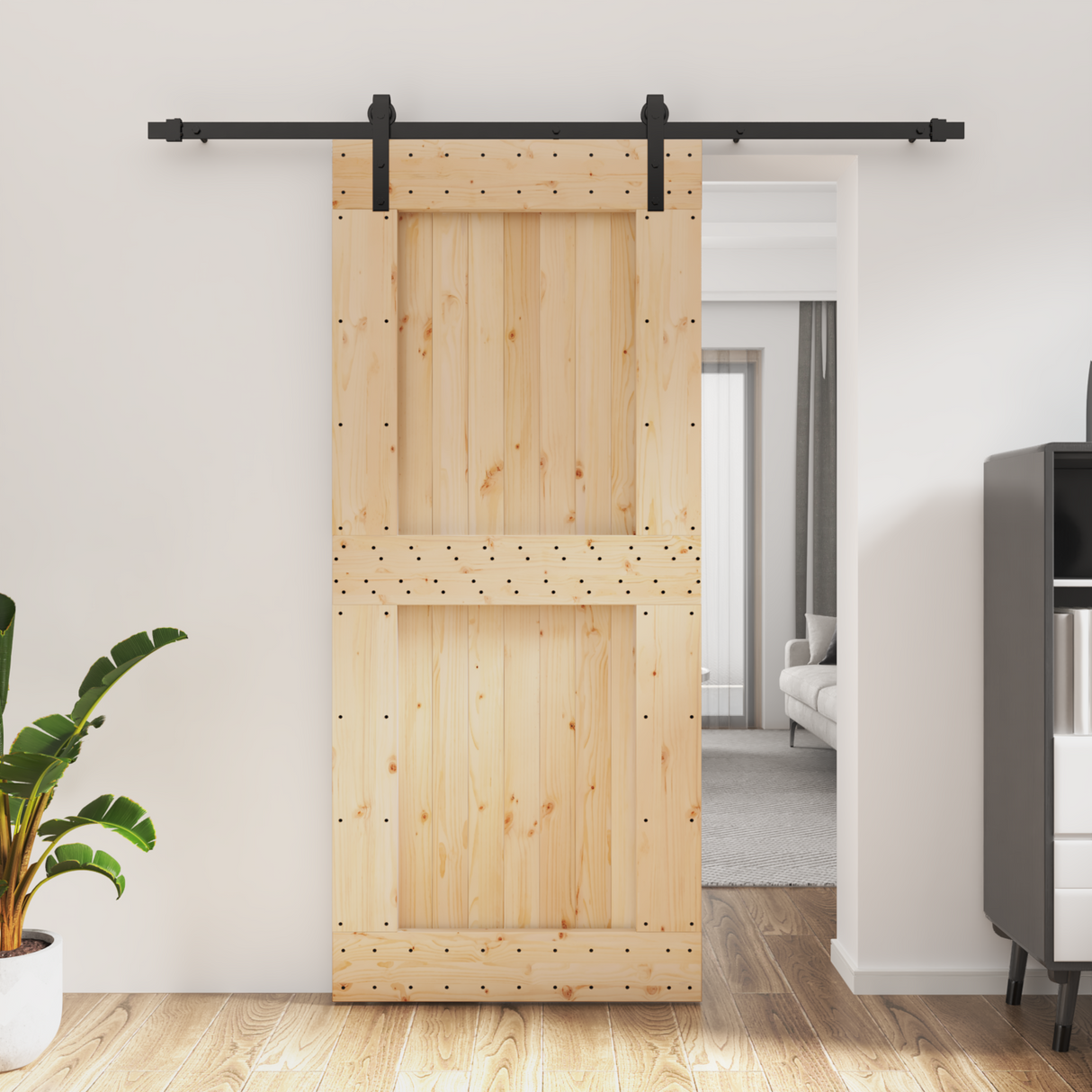 Sliding Door Natural and Black 90 x 210 cm Solid Pine Wood