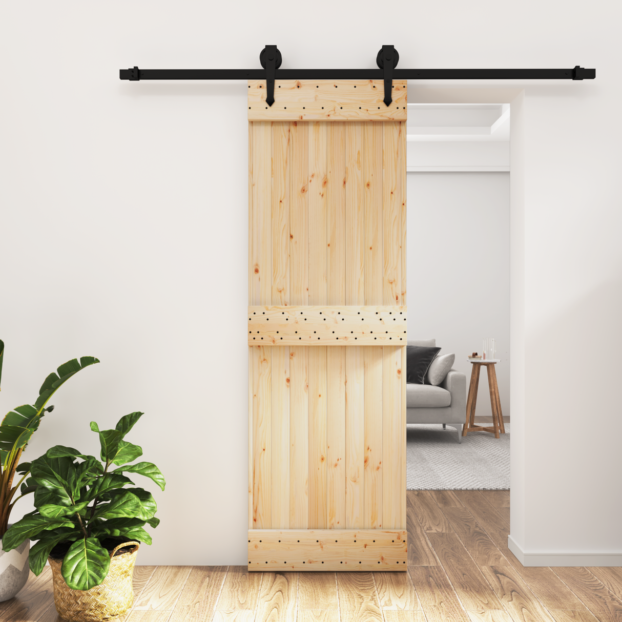 Sliding Door Natural and Black 70 x 210 cm Solid Pine Wood