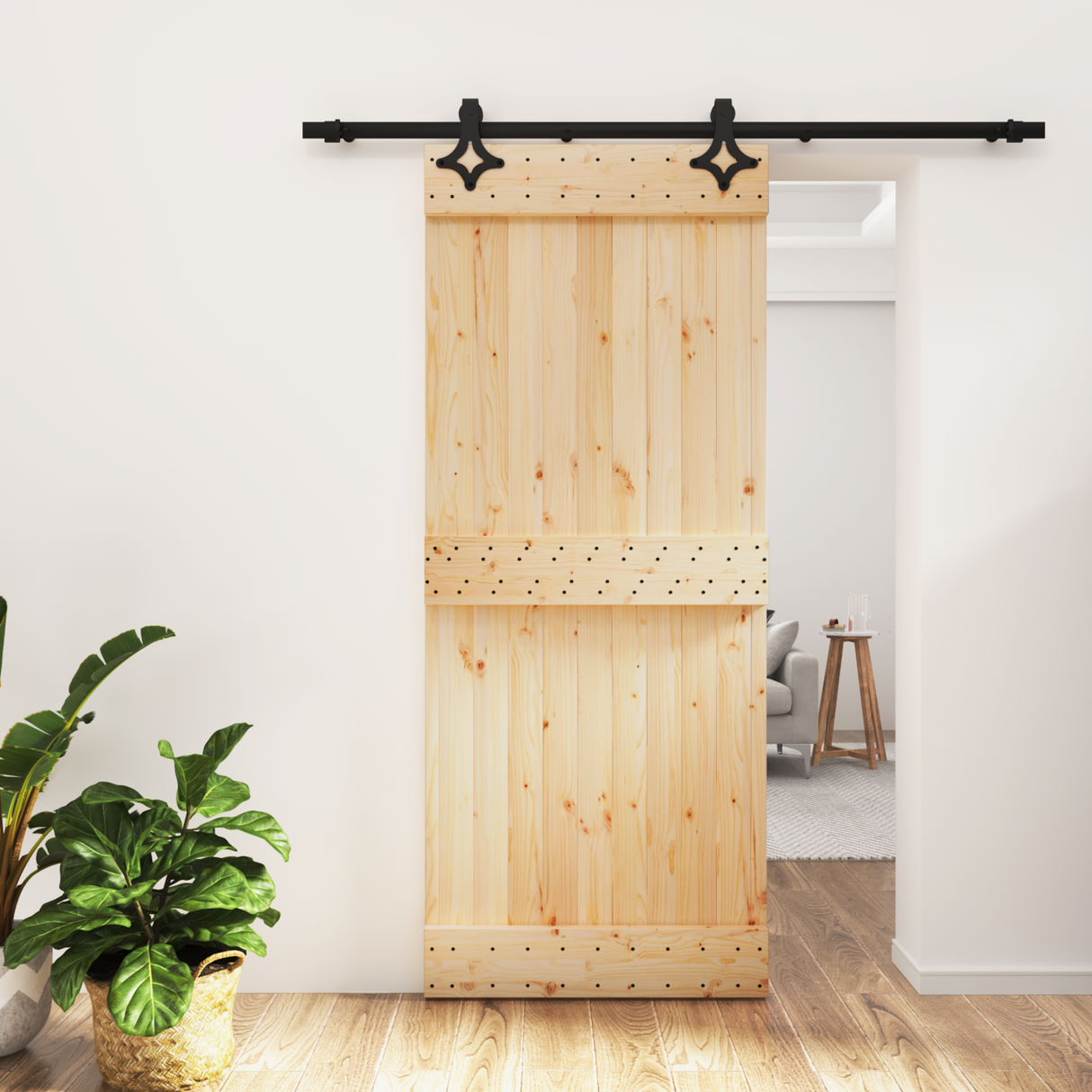 Sliding Door Natural and Black 85 x 210 cm Solid Pine Wood