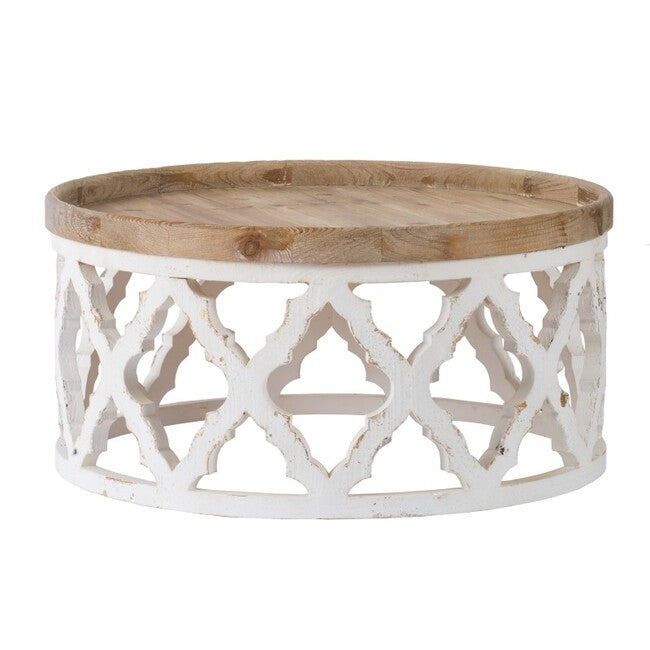 Round Shabby Chic Lattice Coffee Table Distressed White. A lattice pattern with a weathered white finish