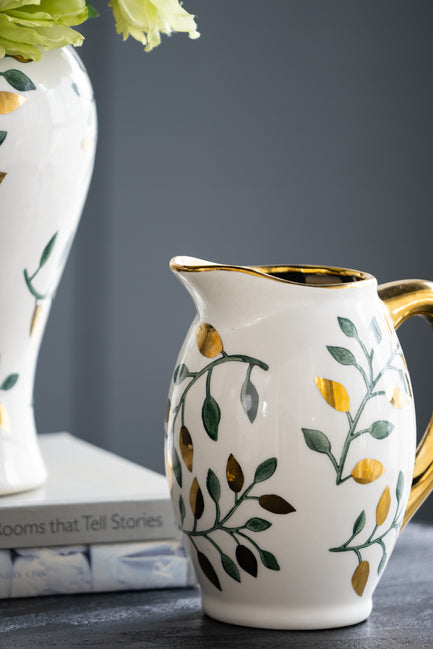 Botanical Decorative Jug 21.5cms tall. Empty or filled with flowers . Classic silhouette