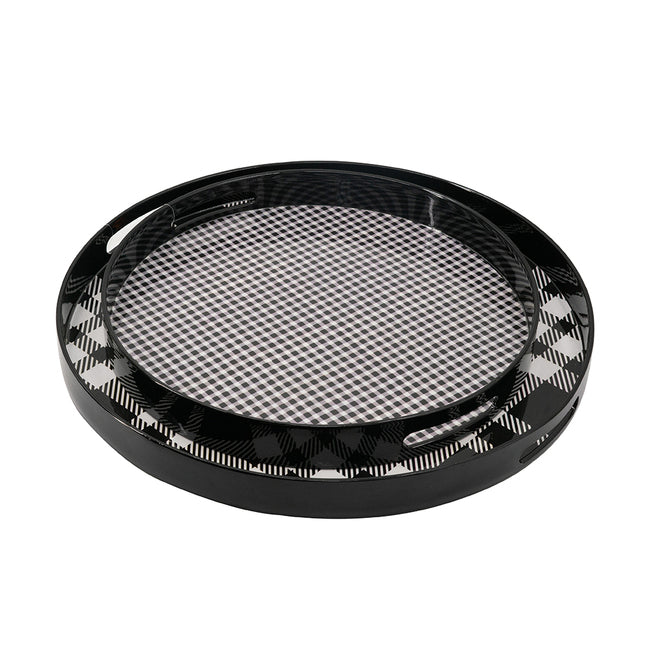 Set of 2 black and grey plaid motif round trays. Great tabletop conversation starter