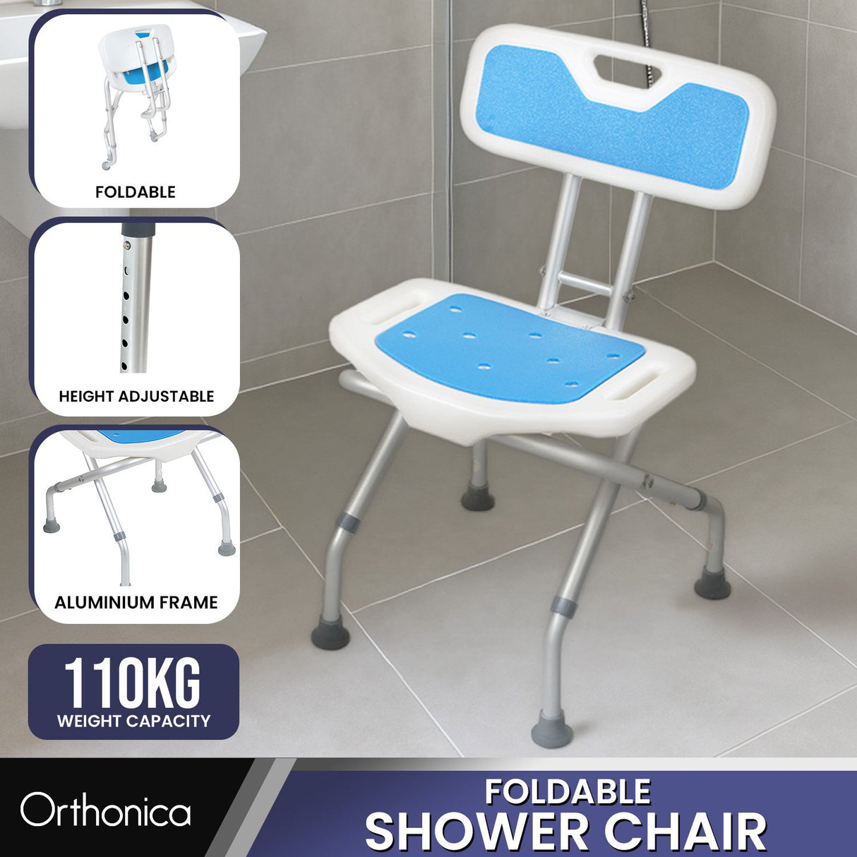 Orthonica Compact & Foldable Commode Shower Chair w/Height Adjustable Aluminium Frame Non Slip