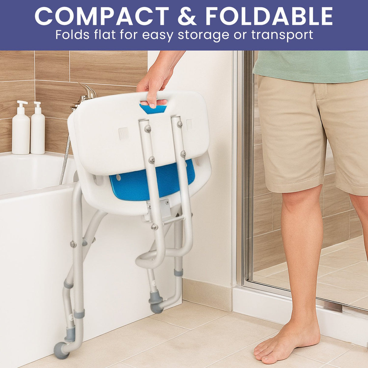 Orthonica Compact & Foldable Commode Shower Chair w/Height Adjustable Aluminium Frame Non Slip
