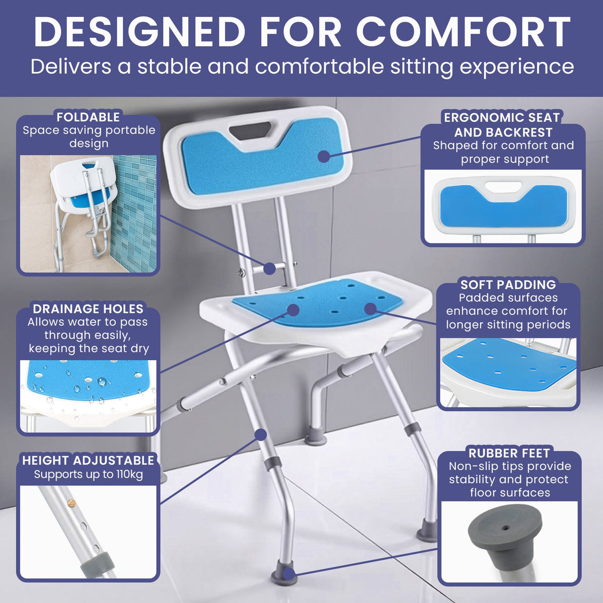 Orthonica Compact & Foldable Commode Shower Chair w/Height Adjustable Aluminium Frame Non Slip