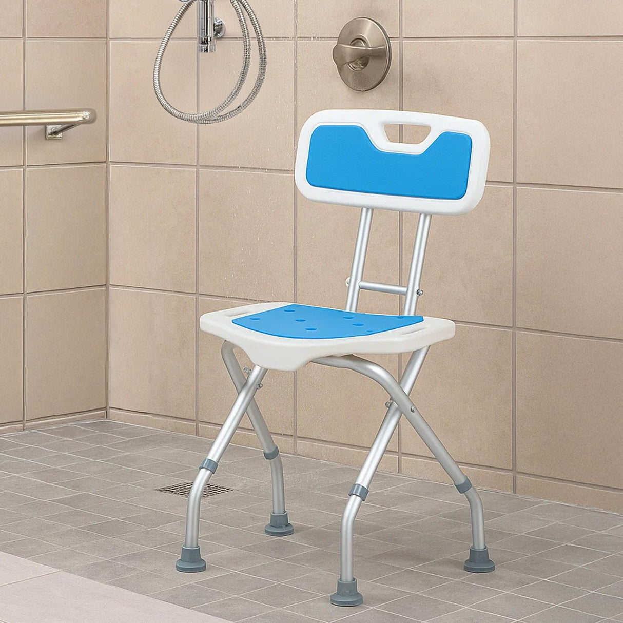 Orthonica Compact & Foldable Commode Shower Chair w/Height Adjustable Aluminium Frame Non Slip