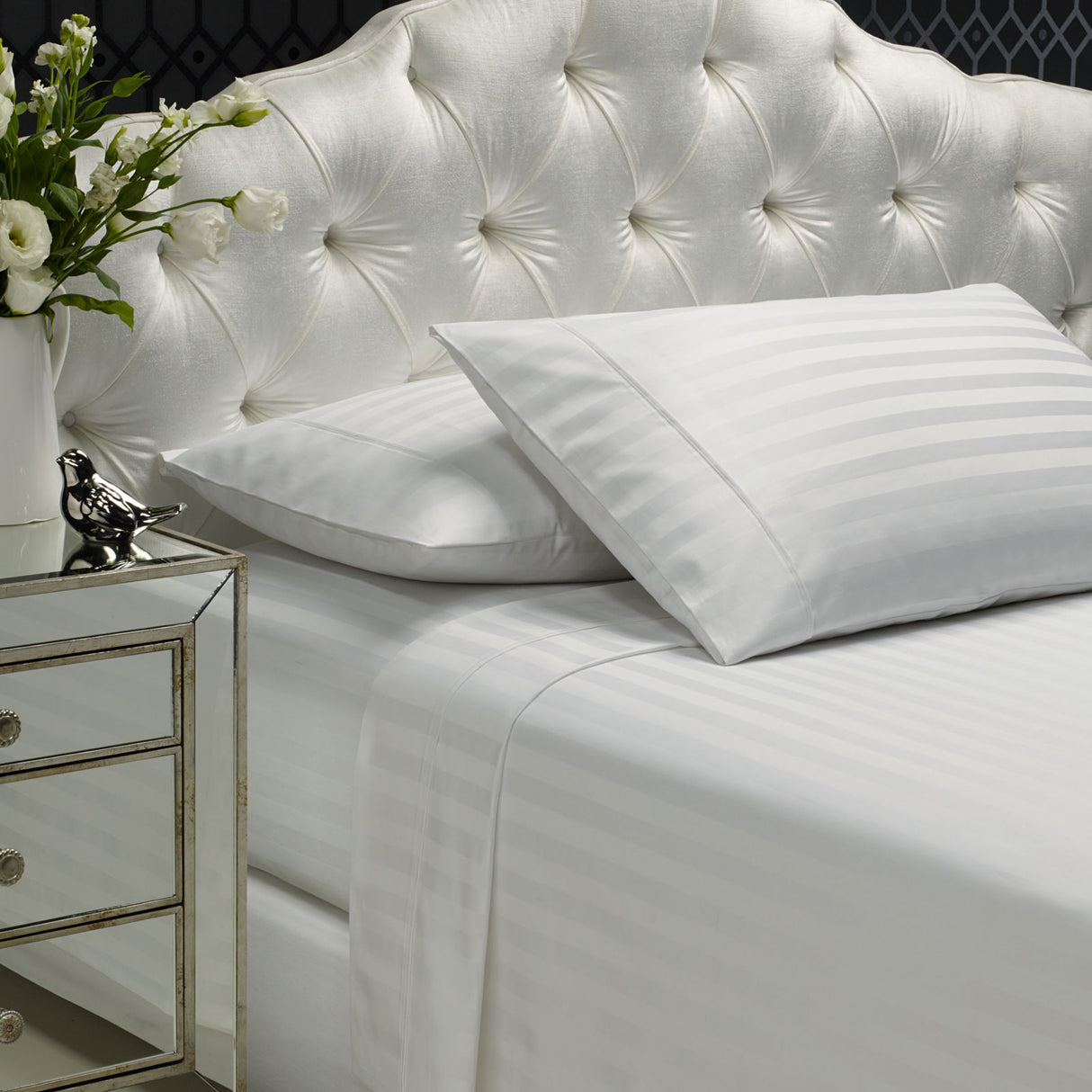 Royal Comfort 1200 Thread count Damask Stripe Cotton Blend sheet sets Queen White-1951134866385014784