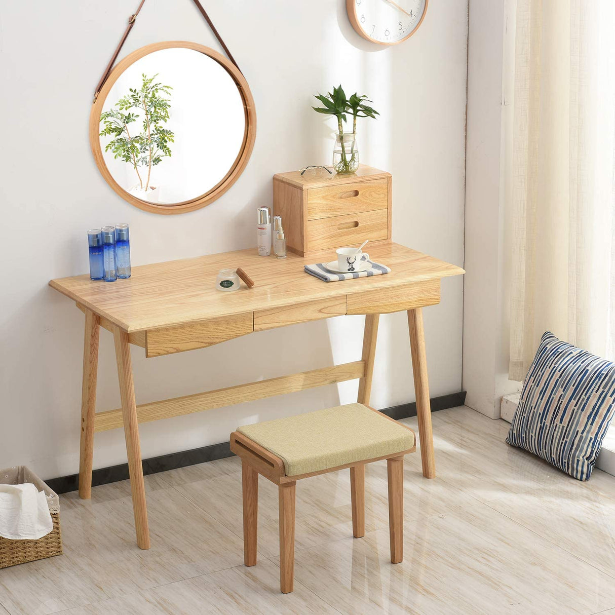 CARLA HOME Hanging Wall Mirror 38cm - Solid Bamboo Frame and Adjustable Leather Strap for Bathroom and Bedroom, Vanity Mirror, Makeup Mirror, Face Mirrors, Wall Shelf Mirror (Round 38 cm)-1992735290560745474