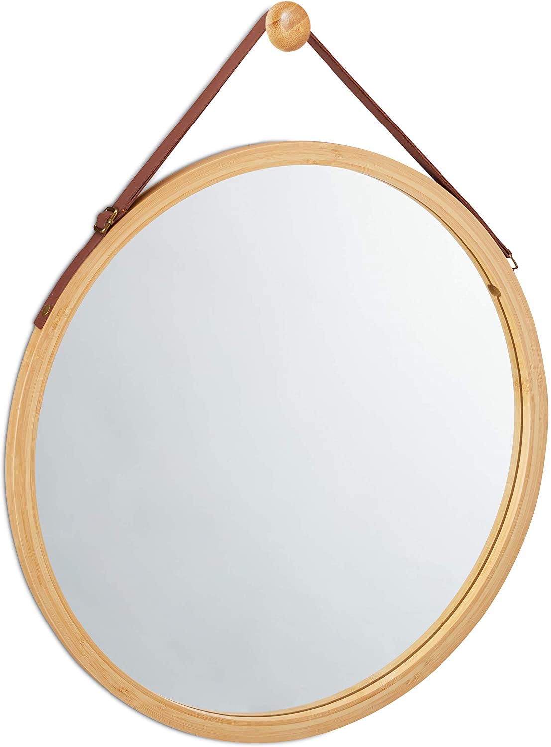CARLA HOME Hanging Wall Mirror 45cm - Solid Bamboo Frame and Adjustable Leather Strap for Bathroom and Bedroom, Vanity Mirror, Makeup Mirror, Face Mirrors, Wall Shelf Mirror (Round 45 cm)-1978962234897993728