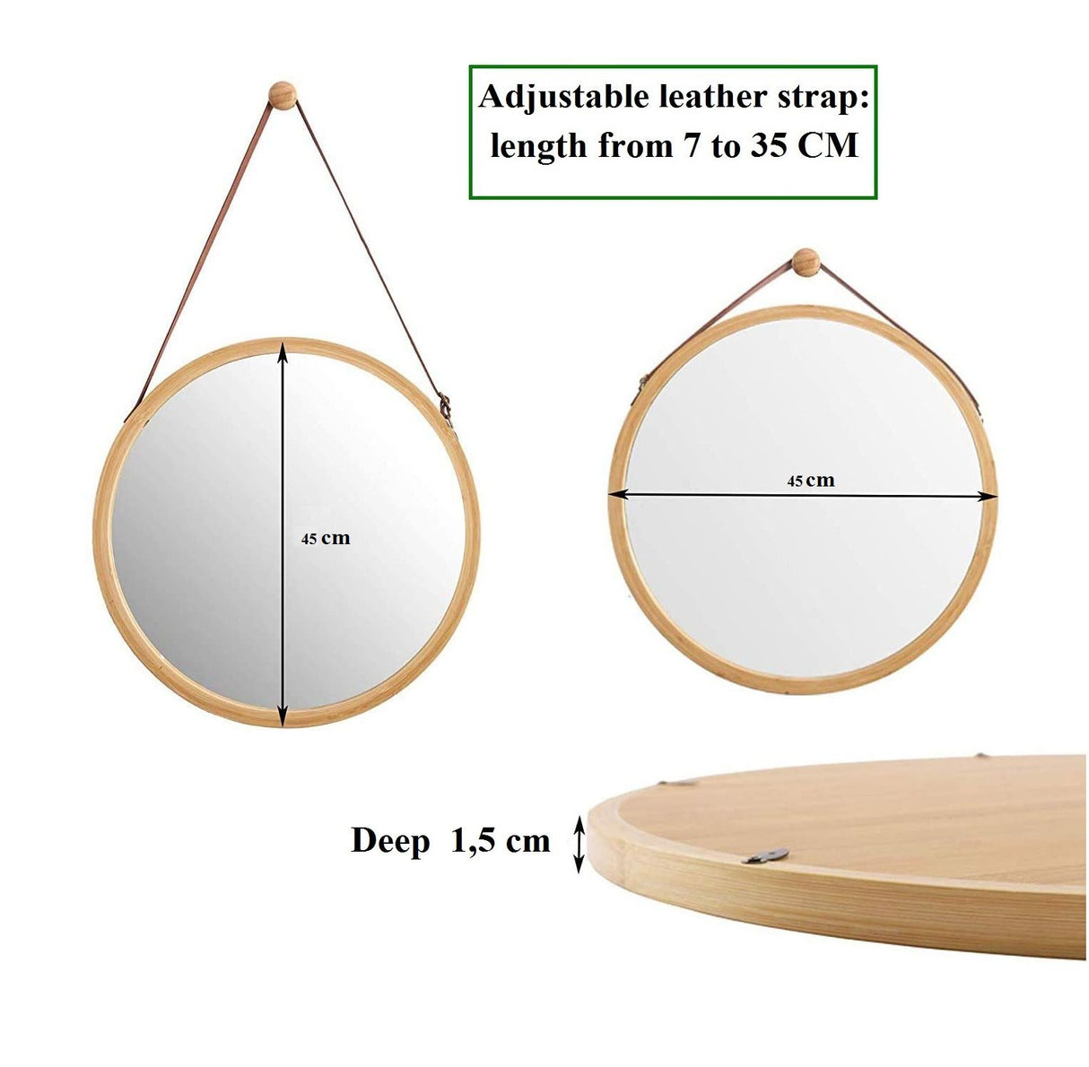 CARLA HOME Hanging Wall Mirror 45cm - Solid Bamboo Frame and Adjustable Leather Strap for Bathroom and Bedroom, Vanity Mirror, Makeup Mirror, Face Mirrors, Wall Shelf Mirror (Round 45 cm)-1978962234897993734