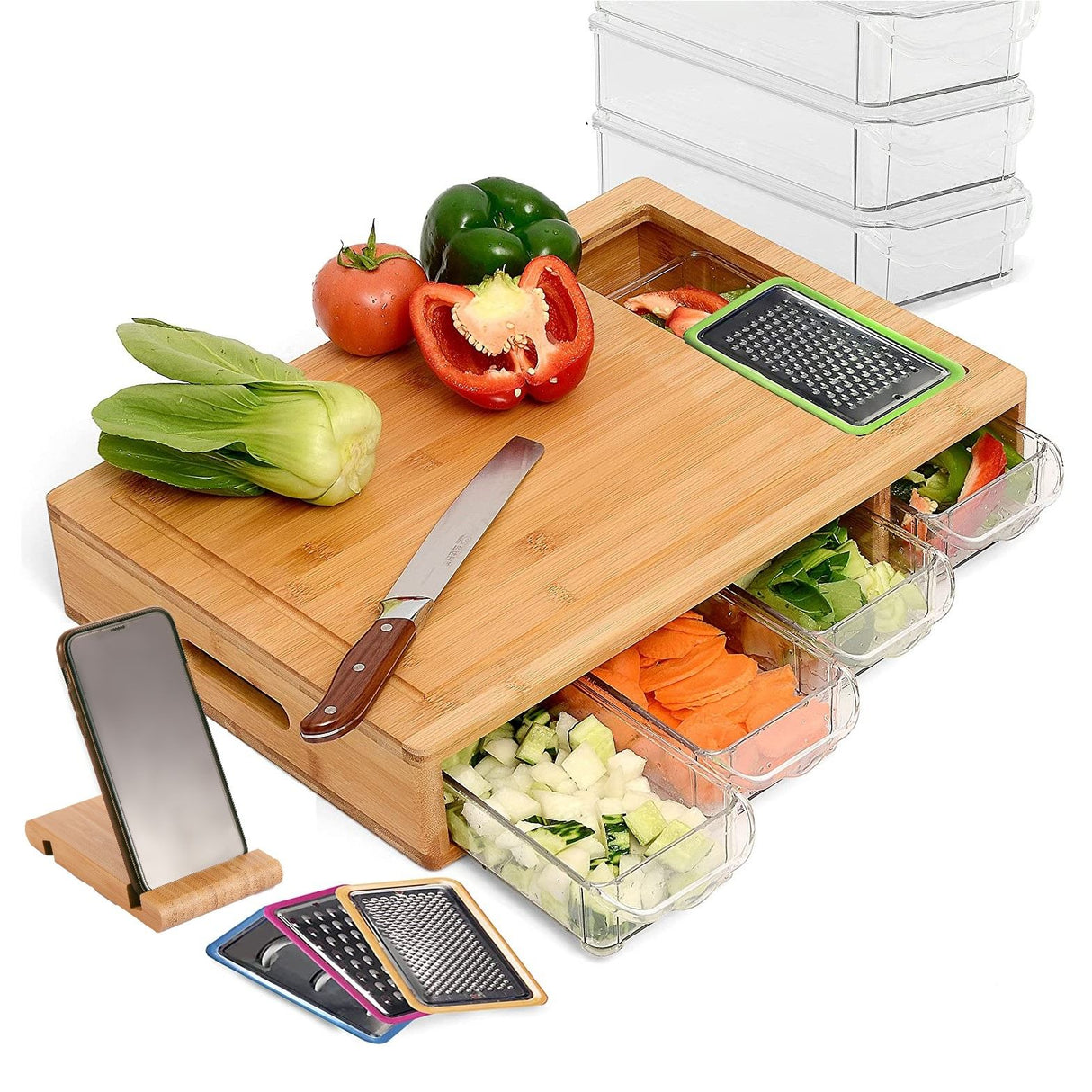 CARLA HOME Large Bamboo Cutting Board and 4 Containers with Mobile Holder gift included for Home Kitchen-1992735302862639104