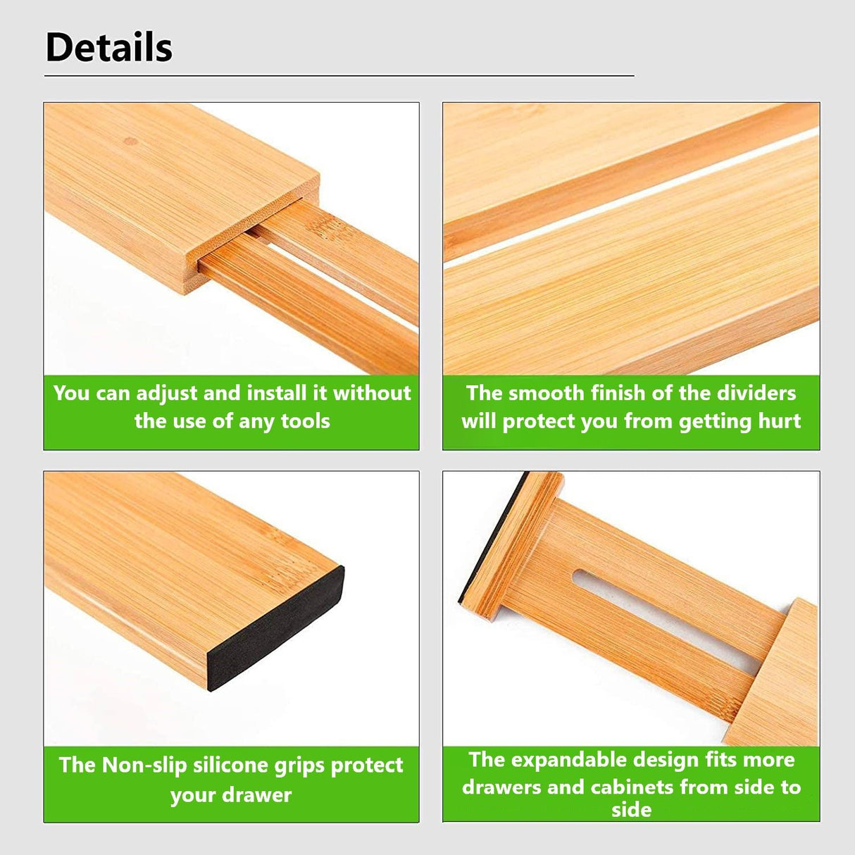CARLA HOME 6 Pack Bamboo Adjustable Kitchen Drawer Dividers (Large, 44-55 cm)-1978962237007728645
