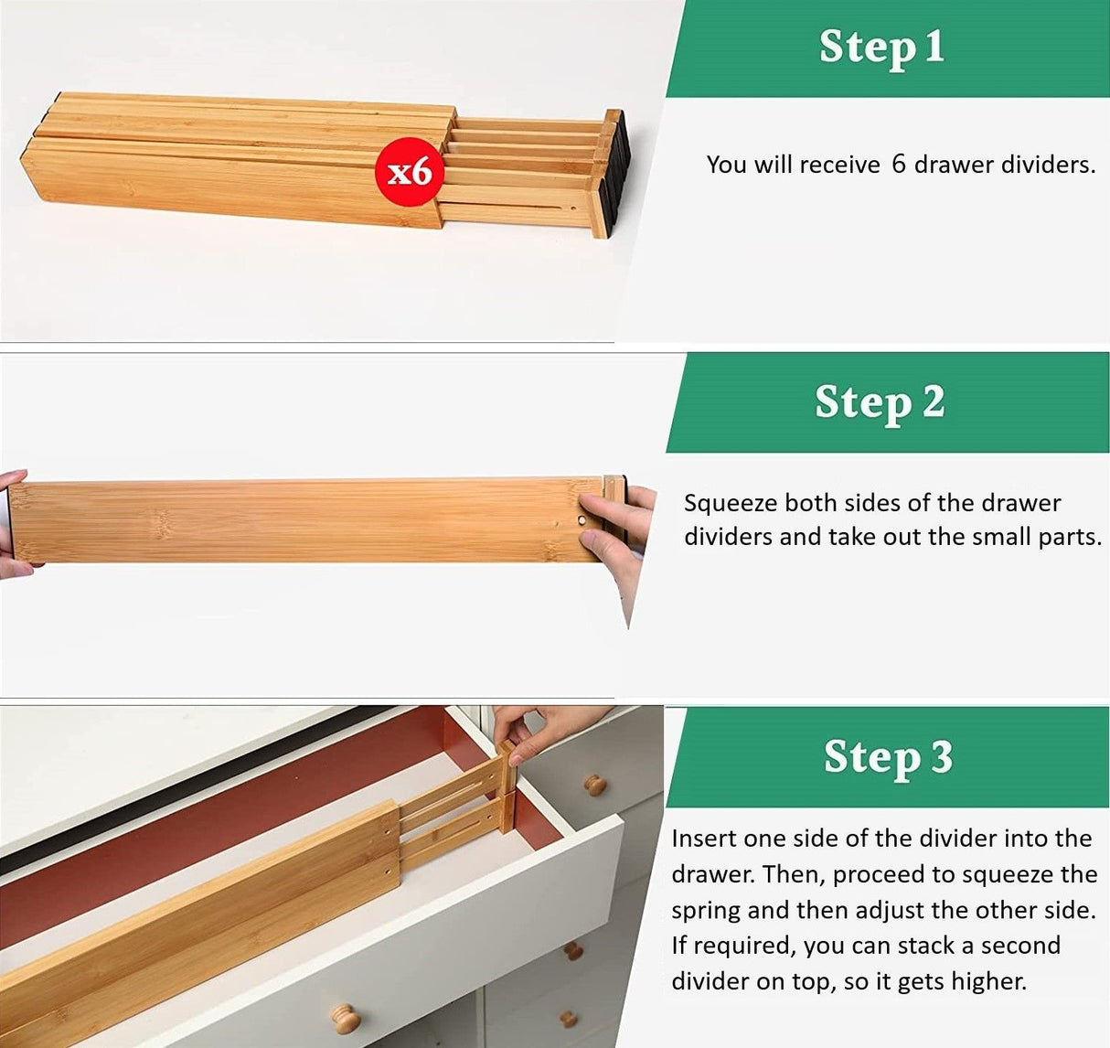 CARLA HOME 6 Pack Bamboo Adjustable Kitchen Drawer Dividers (Large, 44-55 cm)-1978962237007728647