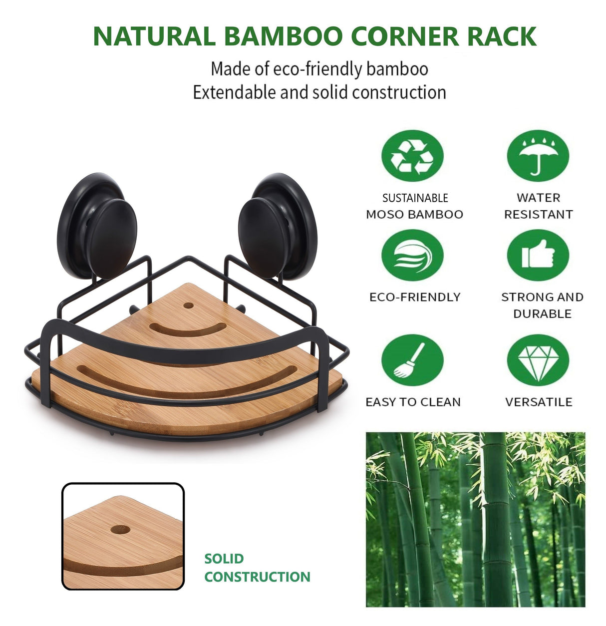 CARLA HOME 2 Pack Round Bamboo Corner Shower Caddy Shelf Basket Rack with Premium Vacuum Suction Cup No-Drilling for Bathroom and Kitchen-1992735302111858694