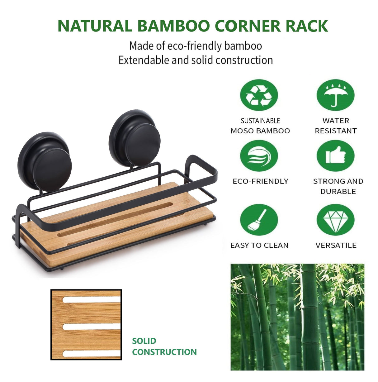 CARLA HOME 2 Pack Rectangular Bamboo Corner Shower Caddy Shelf Basket Rack with Premium Vacuum Suction Cup No-Drilling for Bathroom and Kitchen-1992735301767925766