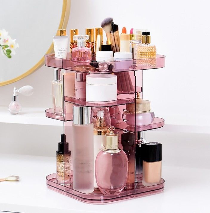 CARLA HOME 360 Rotating Large Capacity Makeup Organizer for Bedroom and Bathroom (Pink)-1978962239369121792