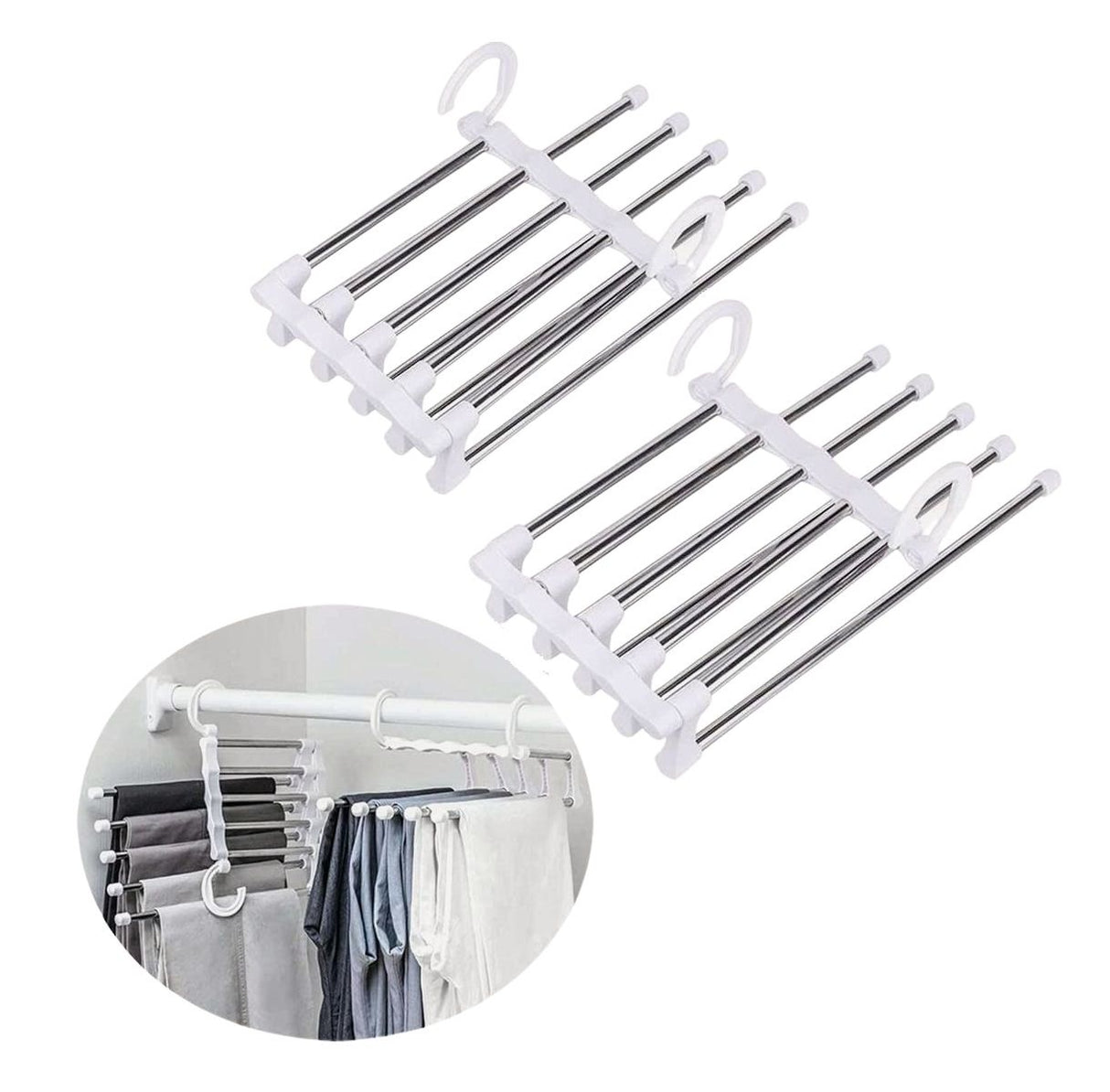 CARLA HOME 2 Pack Stainless Steel Adjustable 5 in 1 Pants Hangers Non-Slip Space Saving for Home Storage-1992735284936183808