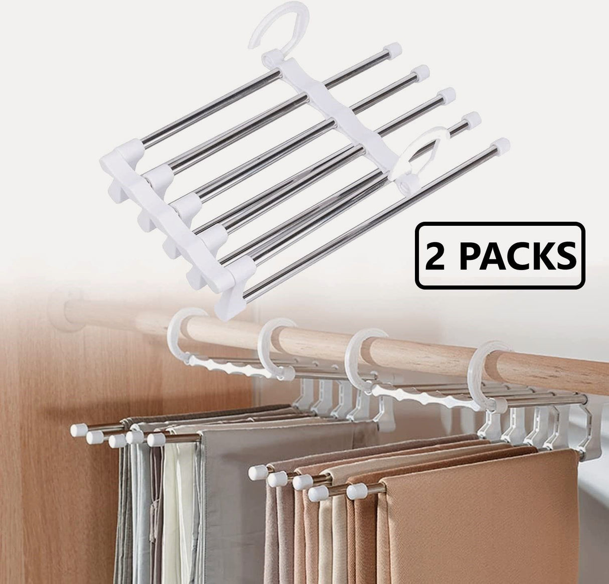 CARLA HOME 2 Pack Stainless Steel Adjustable 5 in 1 Pants Hangers Non-Slip Space Saving for Home Storage-1992735284936183809