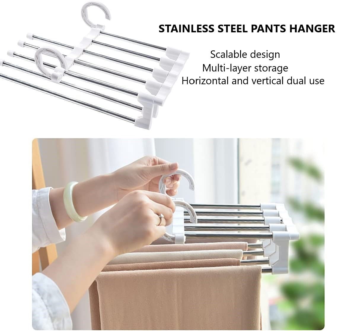 CARLA HOME 2 Pack Stainless Steel Adjustable 5 in 1 Pants Hangers Non-Slip Space Saving for Home Storage-1992735284936183810