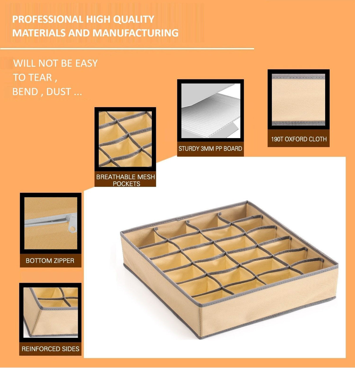 Set of 4 Fabric Drawer Organizer Divider Storage Boxes for Storing Socks, Underwear, Ties, Scarves (Beige)-1978962242904920071