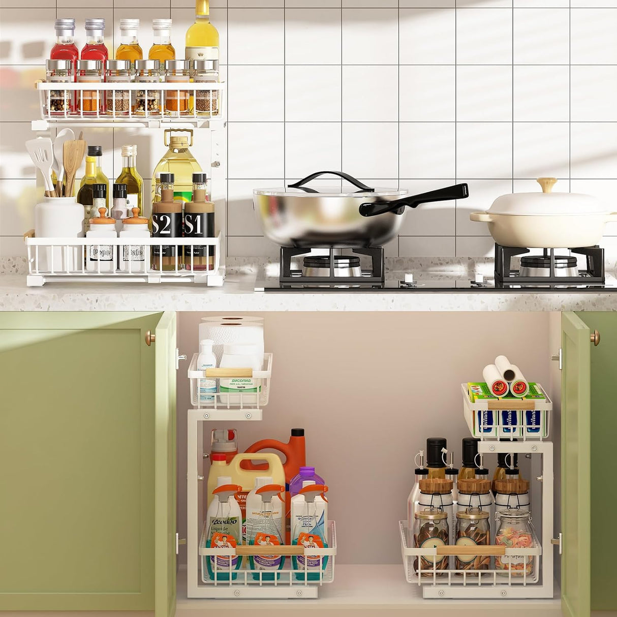 CARLA HOME 2-Tier Kitchen Under Sink Organiser Storage with Height Adjustable, Unique Slide Rail & Suction Cups for Storage-1992735299716911105