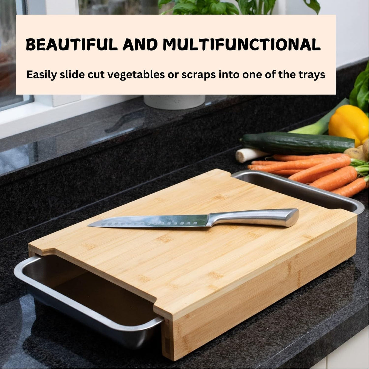 CARLA HOME Chopping Board with with 2 Organiser Stainless Steel Trays Containers-1992735287557623812