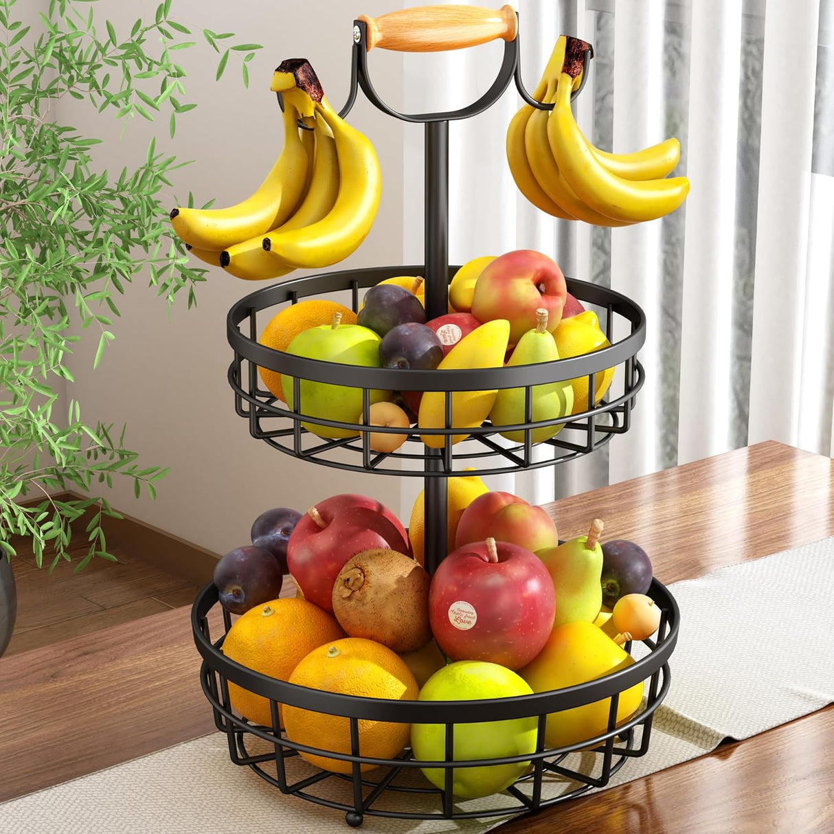 CARLA HOME 2-Tier Fruit Basket Bowl Storage with Wood Lift Handle and Dual Banana Tree Hanger for Kitchen Countertop-1992735292842446848