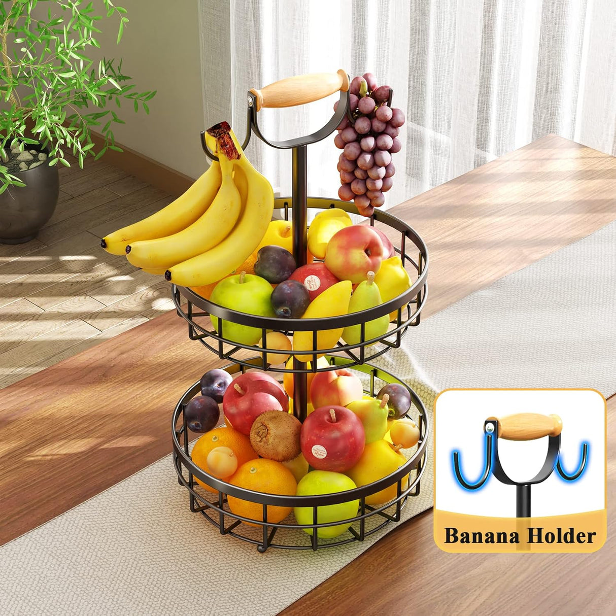 CARLA HOME 2-Tier Fruit Basket Bowl Storage with Wood Lift Handle and Dual Banana Tree Hanger for Kitchen Countertop-1992735292842446851