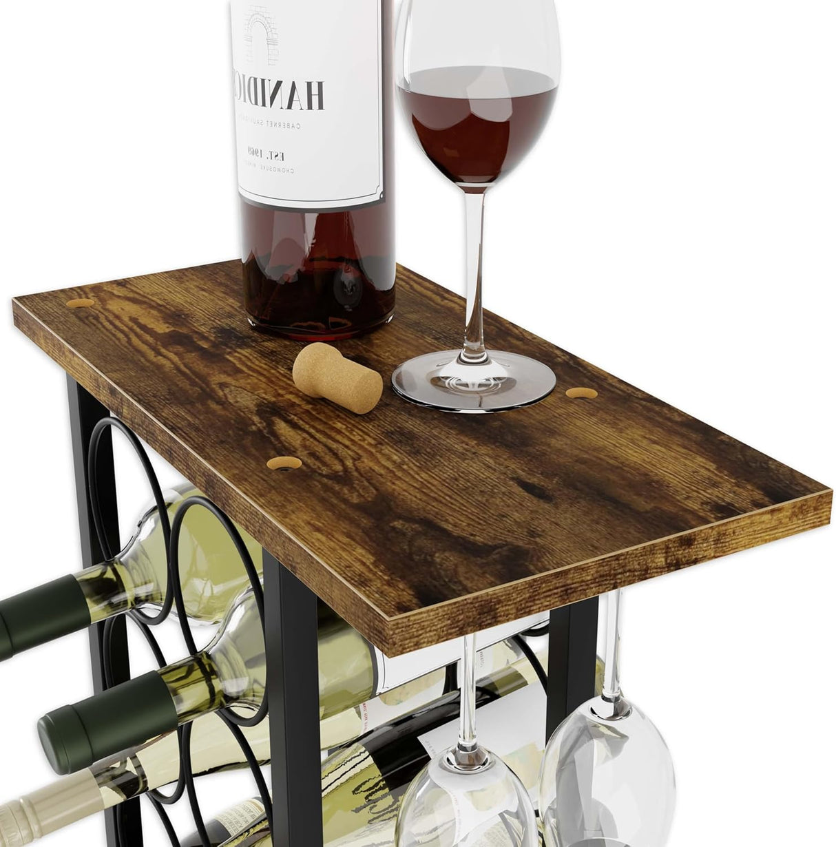 CARLA HOME Wine Rack Countertop Wooden & Metal Holder for 6 Bottles & 2 Glasses-1992735291244417025