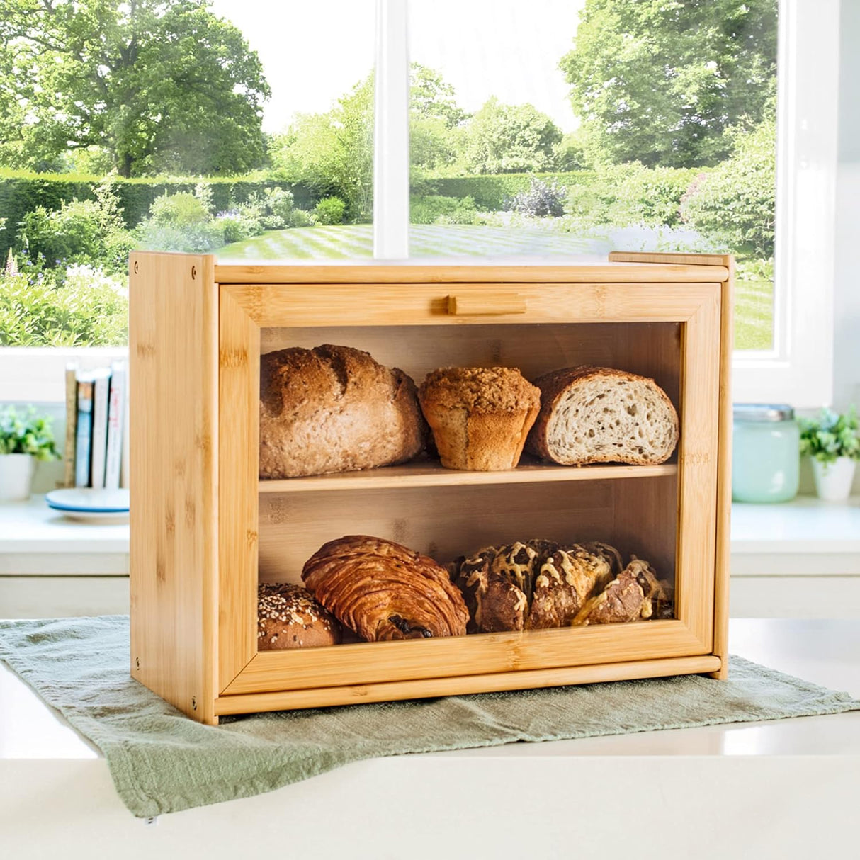 CARLA HOME Double Layer Bamboo Bread Box for Kitchen Counter with Large Capacity and Transparent Window-1992735286244806657