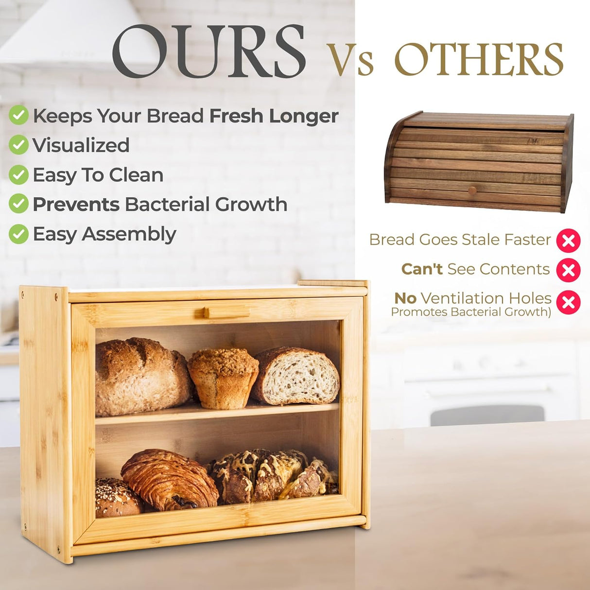 CARLA HOME Double Layer Bamboo Bread Box for Kitchen Counter with Large Capacity and Transparent Window-1992735286244806659