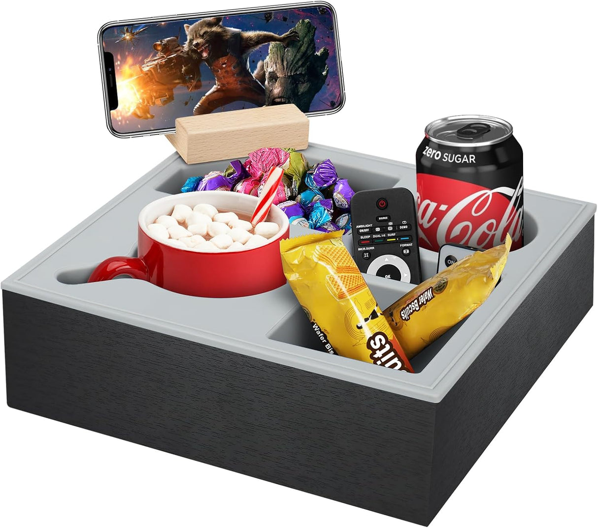CARLA HOME Wooden Couch Cup Holder Tray with Soft Silicone & Rotatable Phone Holder for Storaging Drinks & Snacks-1992735293706473472