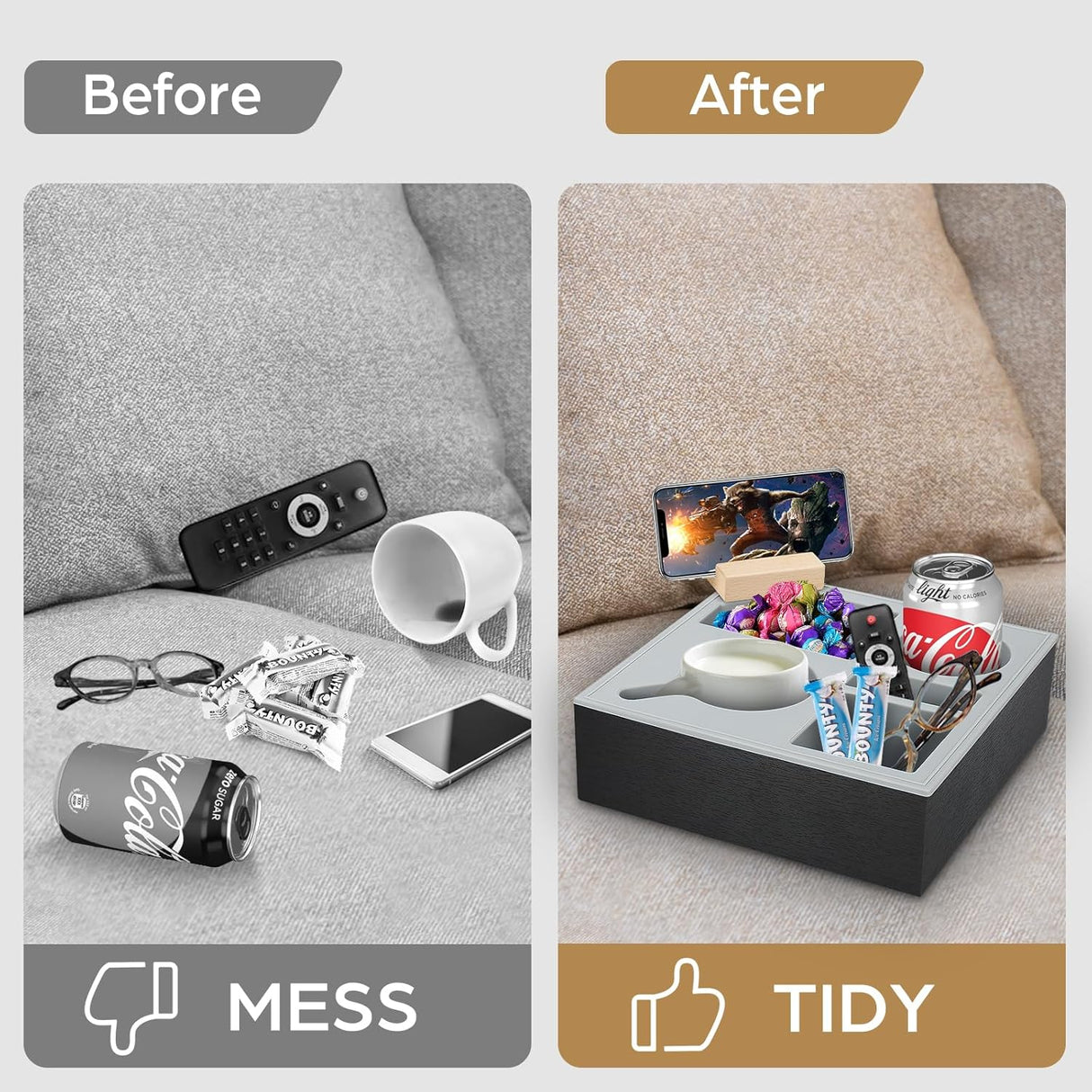 CARLA HOME Wooden Couch Cup Holder Tray with Soft Silicone & Rotatable Phone Holder for Storaging Drinks & Snacks-1992735293706473474