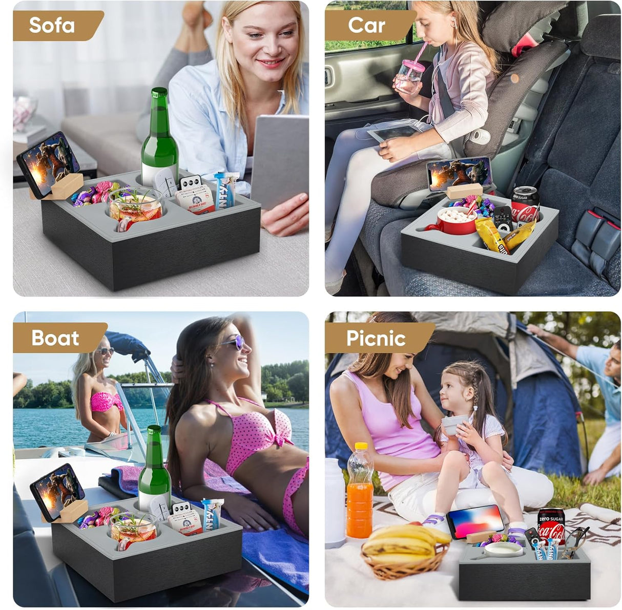 CARLA HOME Wooden Couch Cup Holder Tray with Soft Silicone & Rotatable Phone Holder for Storaging Drinks & Snacks-1992735293706473478