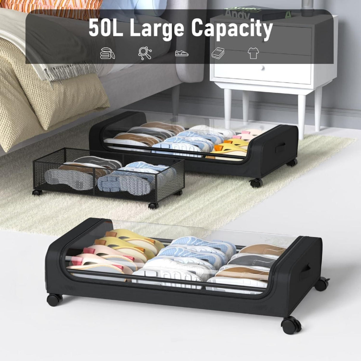 CARLA HOME Set 2 Pcs XXL Under Bed Rolling Storage Containers with 50L Large Capacity and Wheels-1978962251524214785