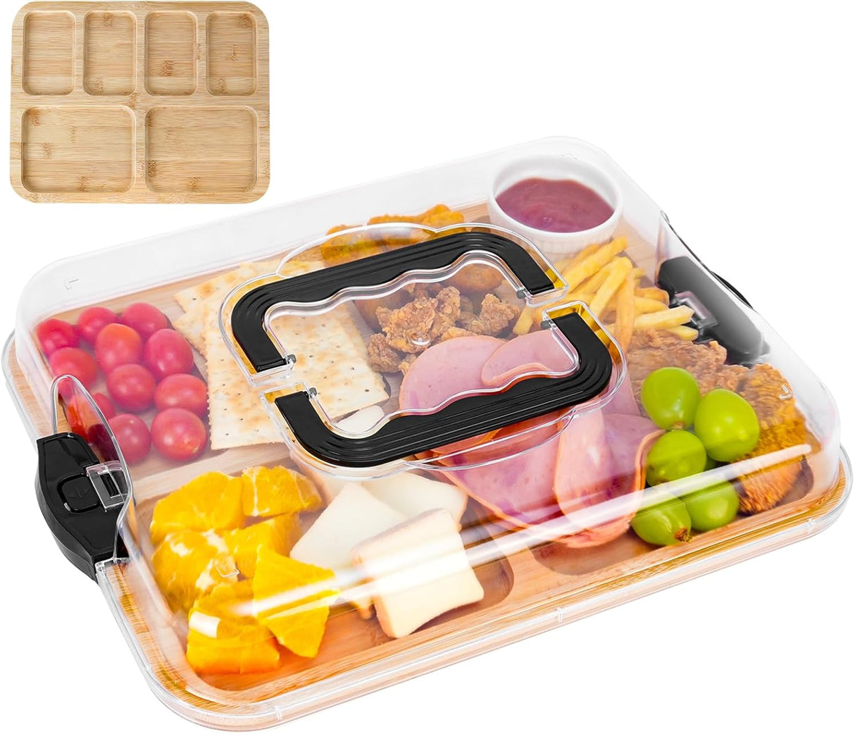 CARLA HOME Bamboo Charcuterie Board with Lid & Handle ideal Gift for Kitchen, Party & Picnic (6 Compartments)-1992735284592250880