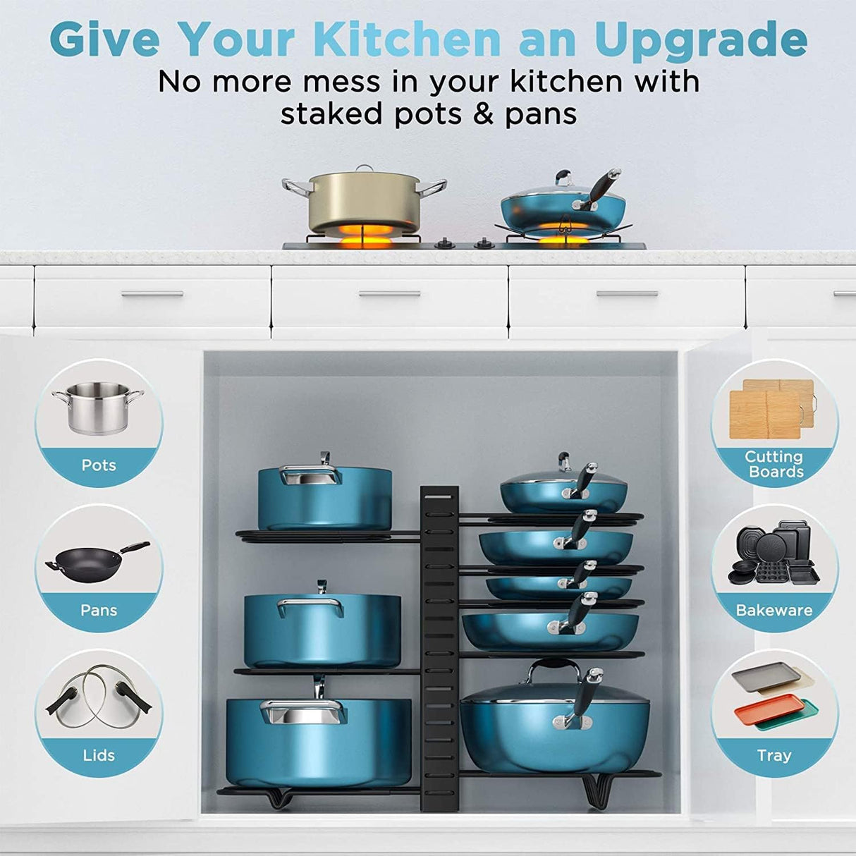 CARLA HOME Adjustable 8-Tier Pan Rack Pot Organizer for Kitchen Cabinet-1992735293010219014