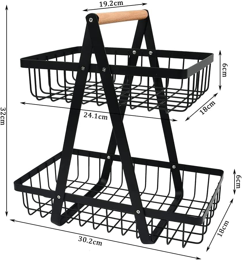 CARLA HOME 2-Tier Fruit Basket Stand for Kitchen Countertop for Fruits, Vegetables, Bread & Snacks with Wooden Handle-1992735293362540547
