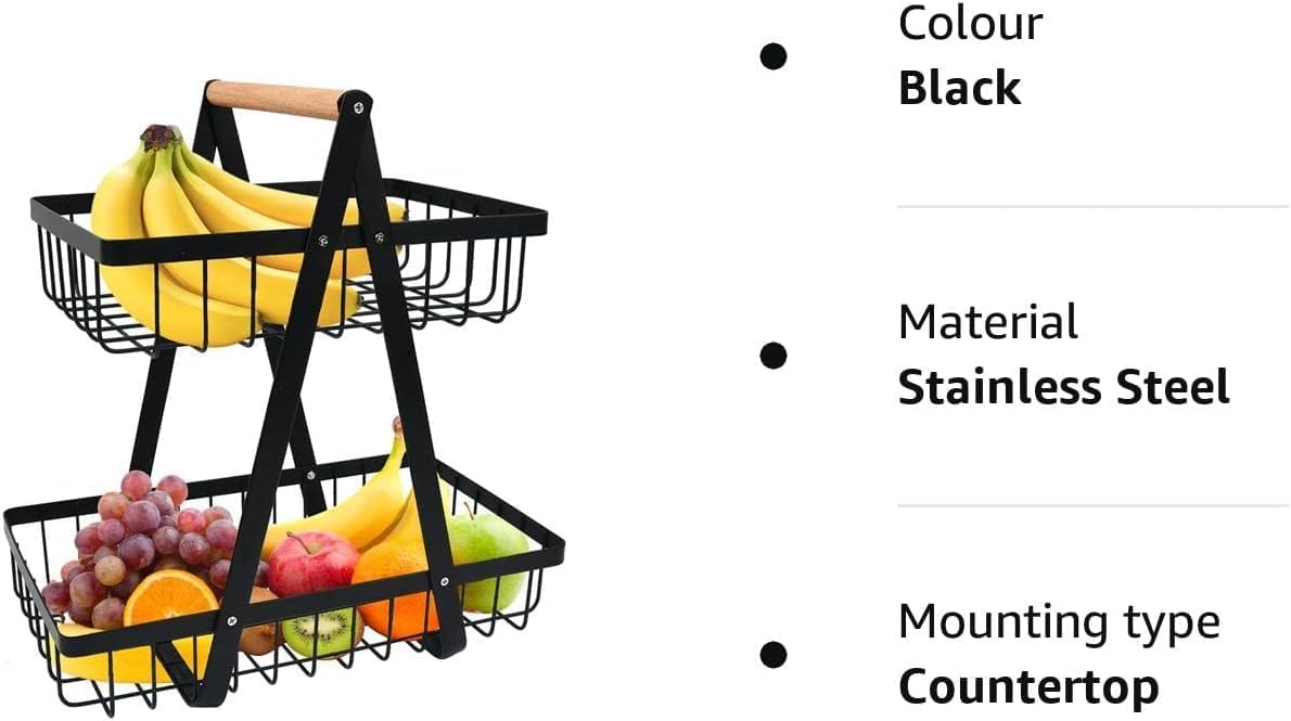 CARLA HOME 2-Tier Fruit Basket Stand for Kitchen Countertop for Fruits, Vegetables, Bread & Snacks with Wooden Handle-1992735293362540550