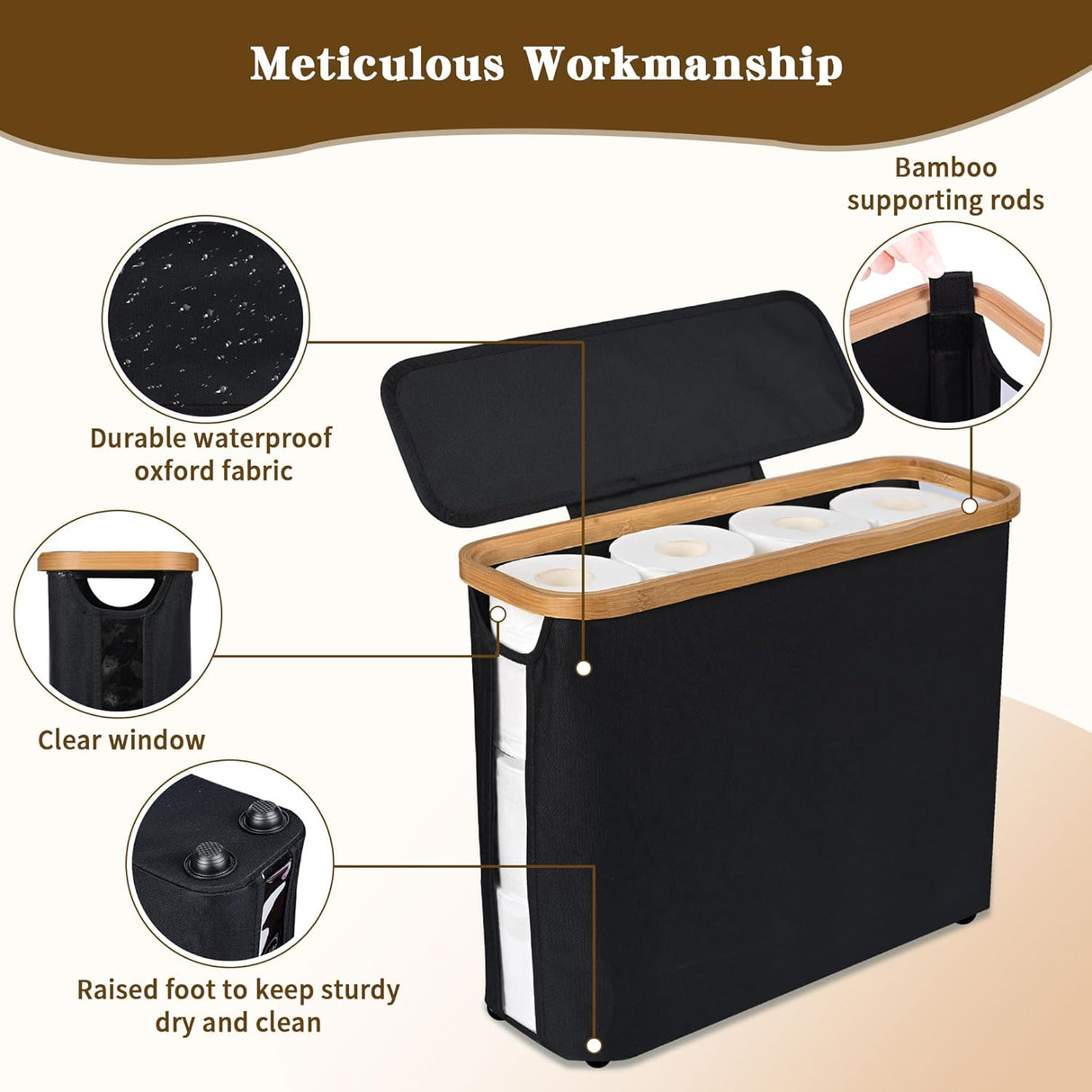 CARLA HOME Toilet Paper Storage Basket Holds Up to 12 Rolls with Bamboo Lid and Handle for RV Closet (Black)-1992735298517340163
