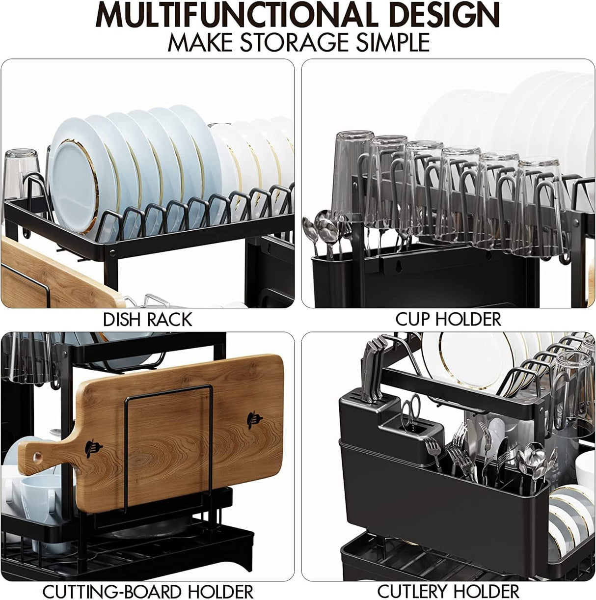 CARLA HOME 2-Tier Dish Drying Rack with Drainage Tray, Utensil Holder, Cup Hooks & Cutting Board Slot for Countertop Kitchen Storage (Black)-1978962254653165570