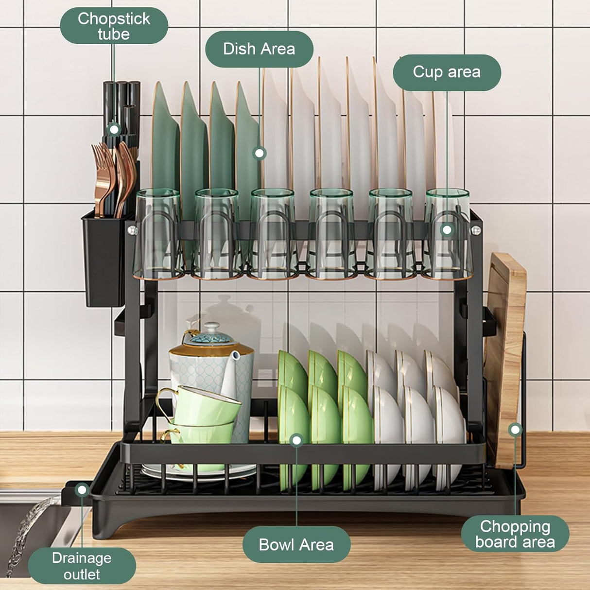 CARLA HOME 2-Tier Dish Drying Rack with Drainage Tray, Utensil Holder, Cup Hooks & Cutting Board Slot for Countertop Kitchen Storage (Black)-1978962254653165571